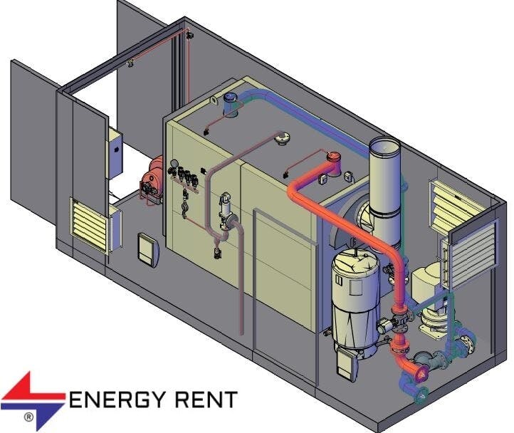 Produktbilde som illustrere hvordan en varmesentral er bygget opp inni containeren